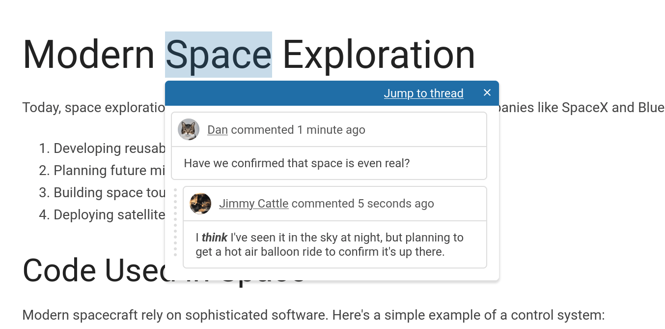 View of some page content, with a single word highlighted in a pale blue, with an active comment thread floating below this highlight zone