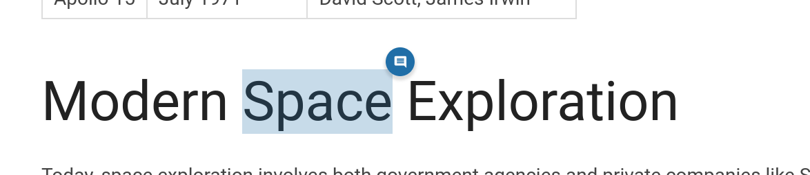 View of some page content, with a single word highlighted in a pale blue, with a floating comment bubble icon in the top right of the highlighted region