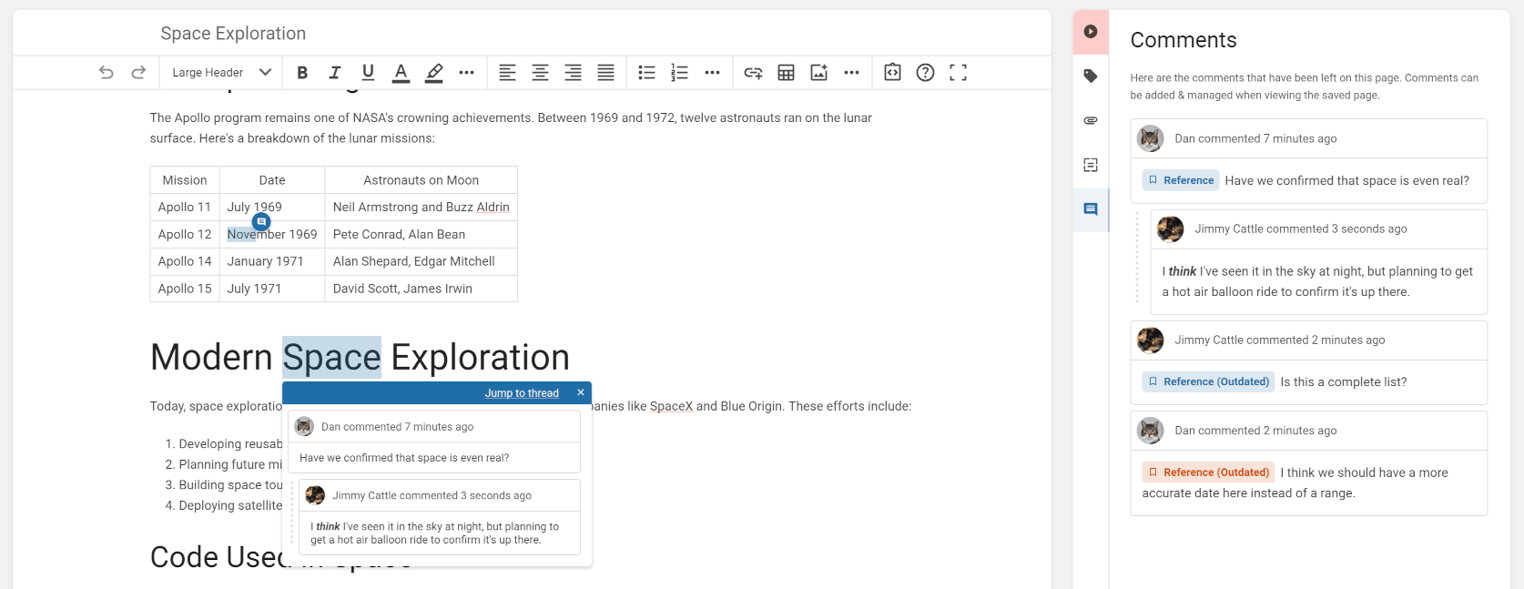 BookStack page editor showing the comments sidebar open, and comment bubbles within the page content, with open open showing a discussion floating above page content