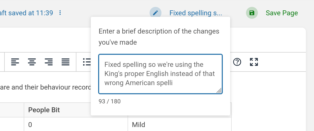 BookStack page editor view focused on an open changelog input, which contains three lines of text and a 93/180 character counter below the input