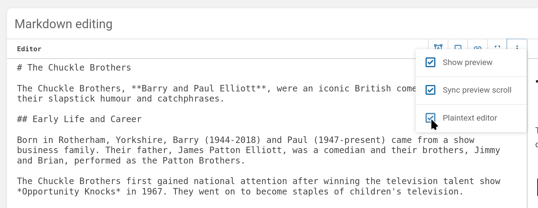BookStack page markdown editor, with options dropdown showing and mouse hovering over a “Plaintext editor” checkbox