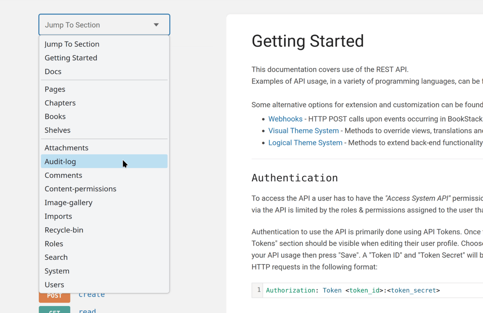 View of the BookStack API docs page, focused on the sidebar where there’s a “Jump to Section” drop-down listing various sections of the page