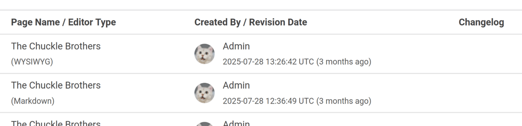 View of a page revision list in BookStack, focused on the revision date for an entry, showing “2025-07-28 13:26:42 UTC (3 months ago)”