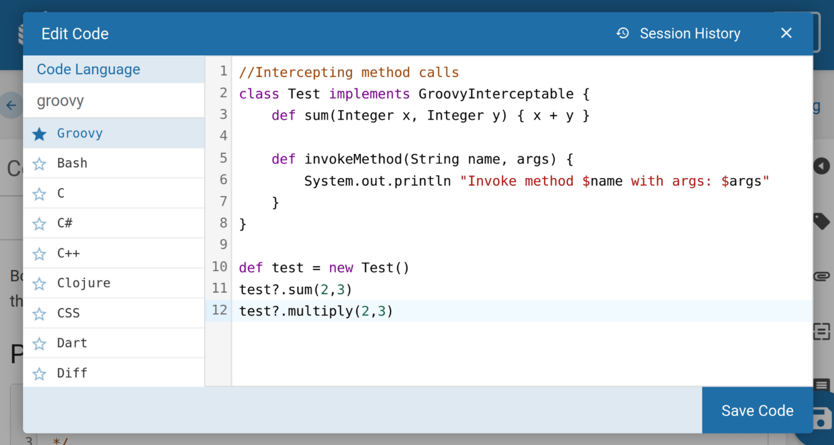 View of the code editor in the BookStack page editor, with the “Groovy” language selected, and with an example set of Groovy code with various highlighting colours
