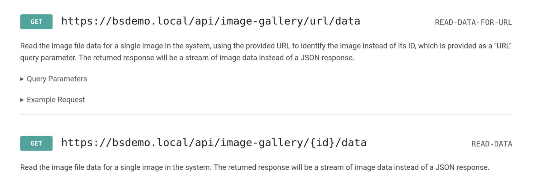 Cropped view of the API docs page in BookStack, showing the details for two image-gallery endpoints