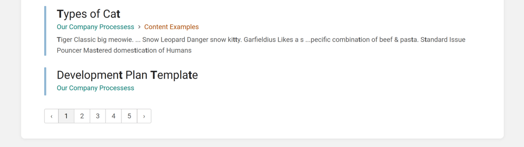 View of the bottom of the search results page in BookStack, showing a page select navigation element with 5 pages, currently on page 1