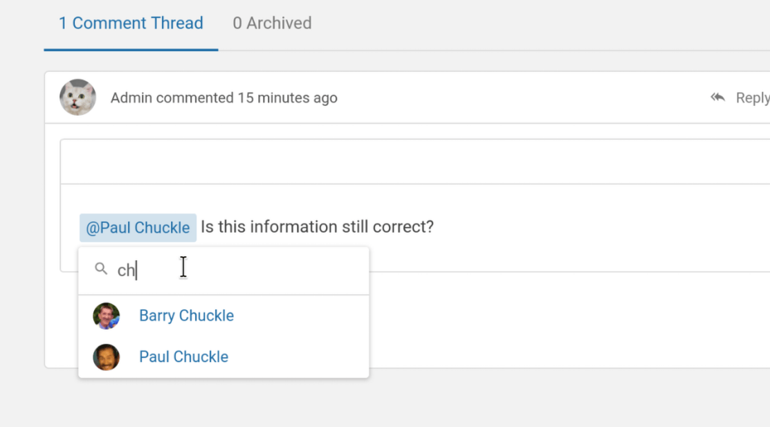 A comment being edited in BookStack, with a blue marker in editor showing &ldquo;@Paul Chuckle&rdquo; with a drop-down below this which has a search bar and a list of users