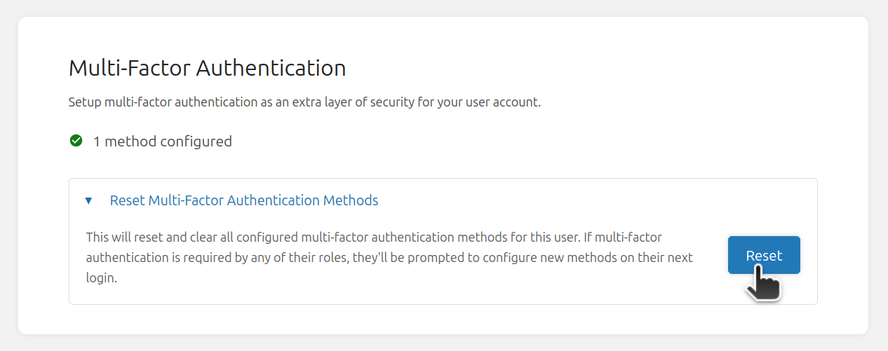 Multi-Factor Authentication settings panel showing ‘1 method configured’ and an expanded ‘Reset Multi-Factor Authentication Methods’ section with a blue ‘Reset’ button being clicked.