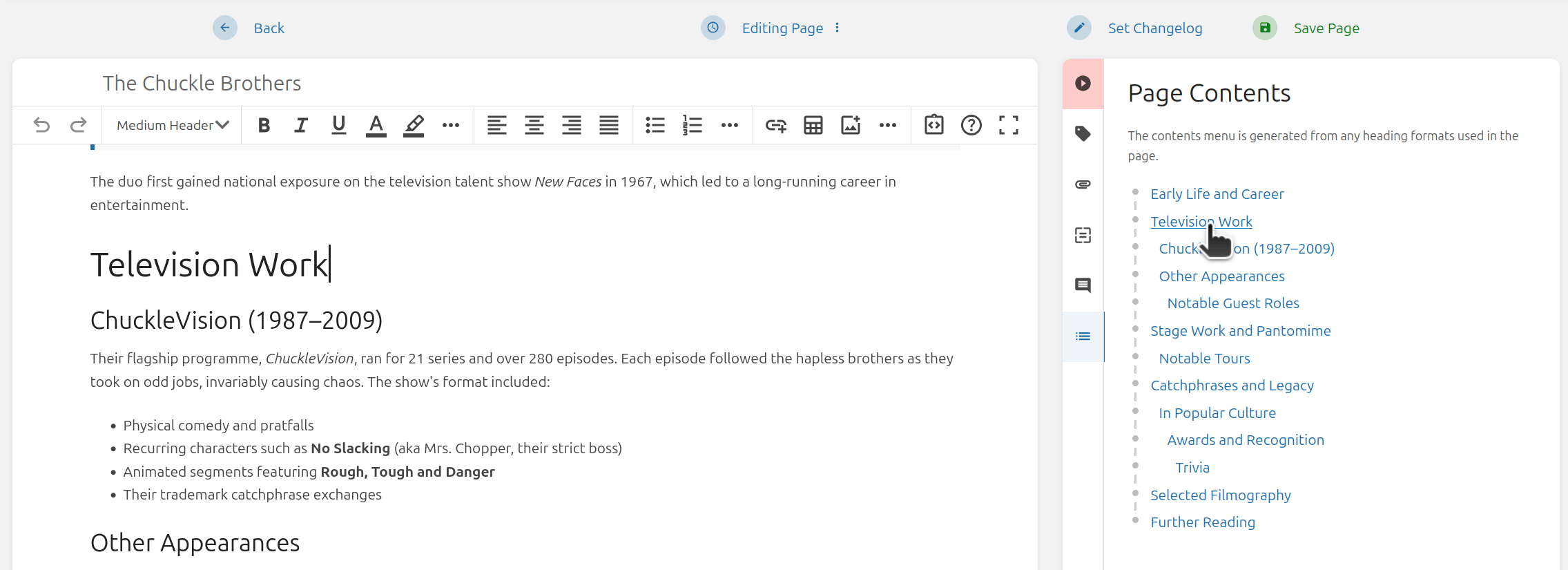 Page editor for ‘The Chuckle Brothers’ article with a rich text toolbar, showing the ‘Television Work’ section being edited, and a ‘Page Contents’ sidebar with a table of contents where ‘Television Work’ is highlighted.