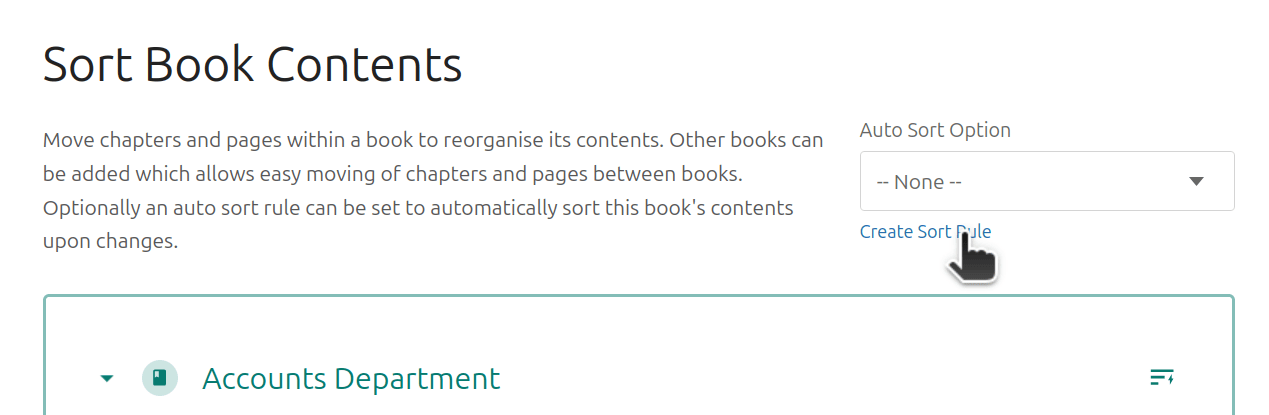 Sort Book Contents interface showing an ‘Auto Sort Option’ dropdown set to ‘None’ and a ‘Create Sort Rule’ link being clicked.