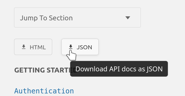 API documentation download buttons showing HTML and JSON options with a tooltip reading “Download API docs as JSON” on hover