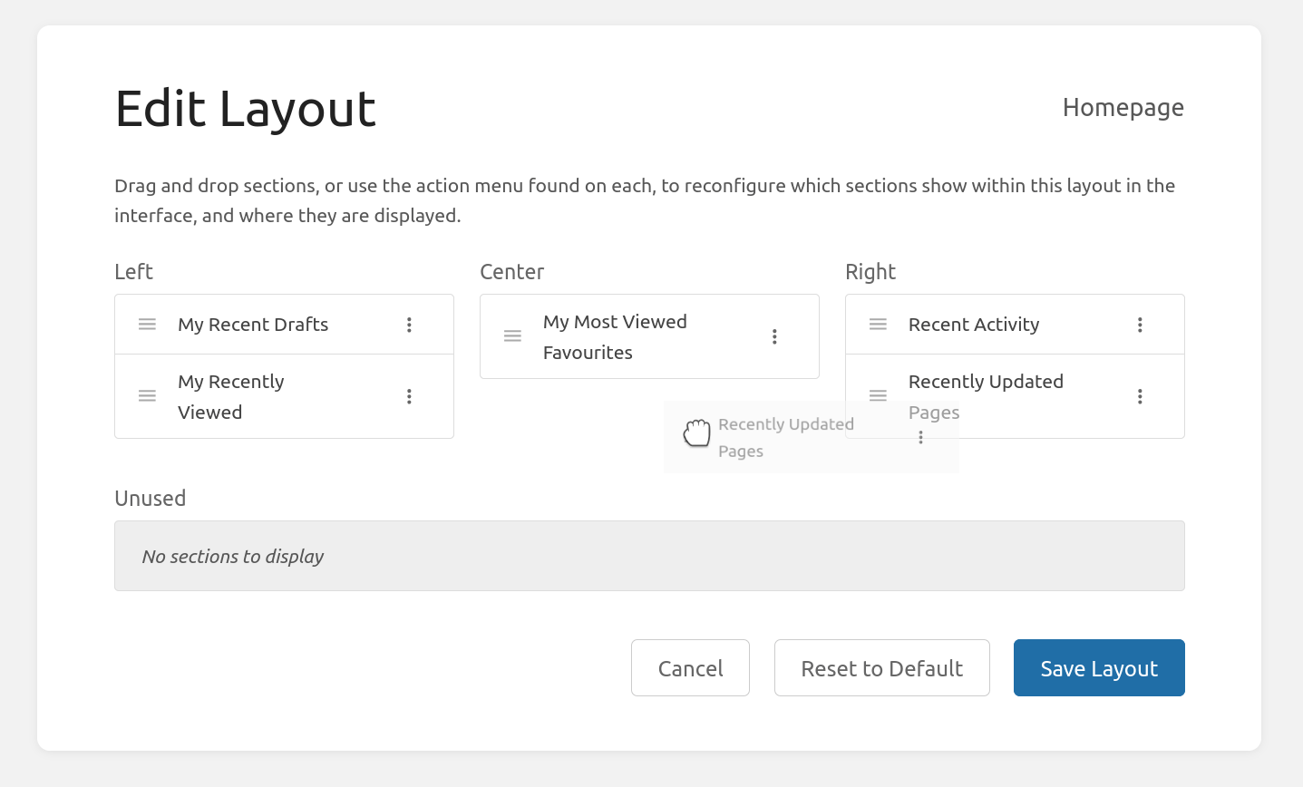 Edit Layout screen for the homepage showing left, center and right column sections that can be dragged or rearranged, plus a Save Layout button