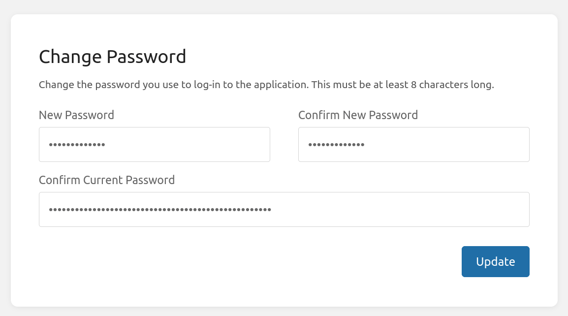 Change Password form with new password, confirm new password and confirm current password fields filled in and an Update button