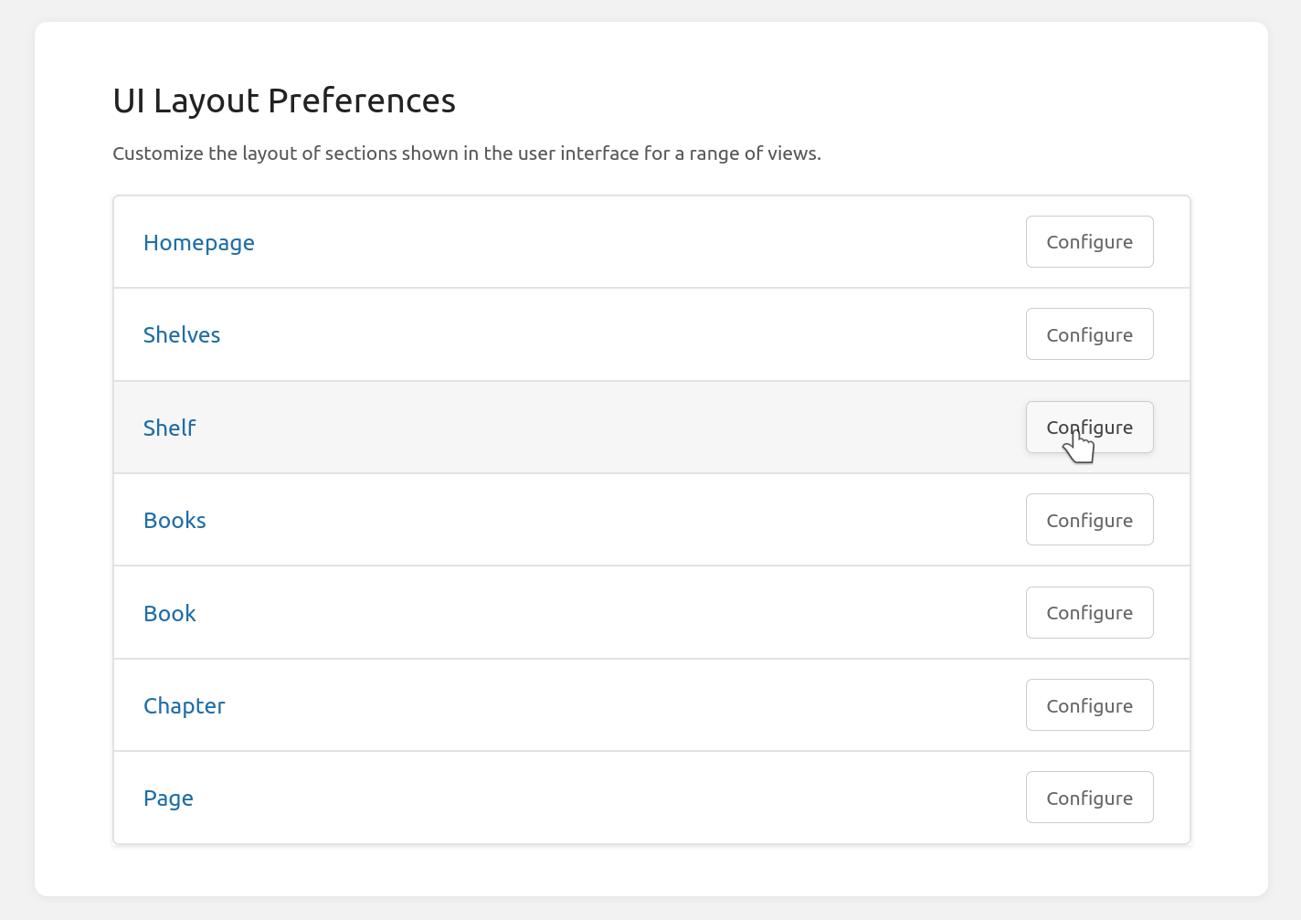 UI layout preferences page listing homepage, shelves, shelf, books, book, chapter and page views, each with a Configure button