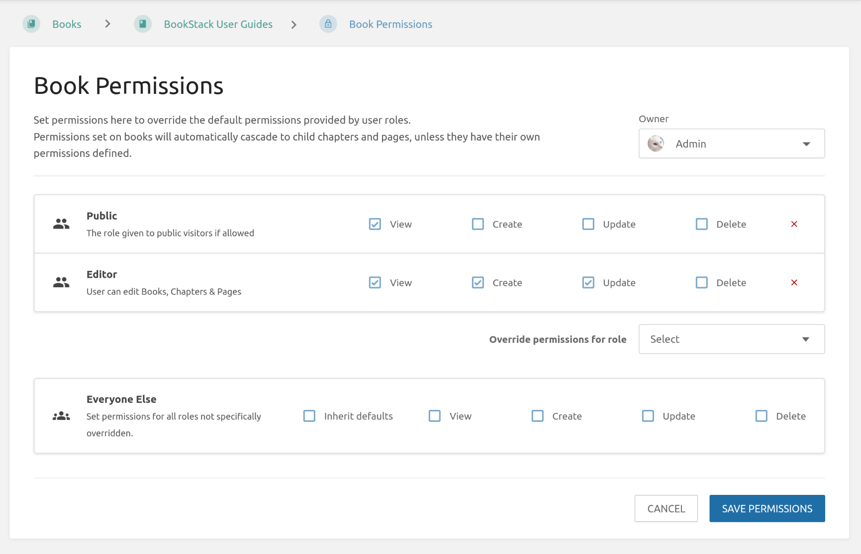 A view of the page permissions screen showing custom permissions being selected