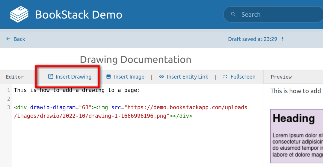View of the Markdown editor with an &ldquo;Insert Drawing&rdquo; action highlighted
