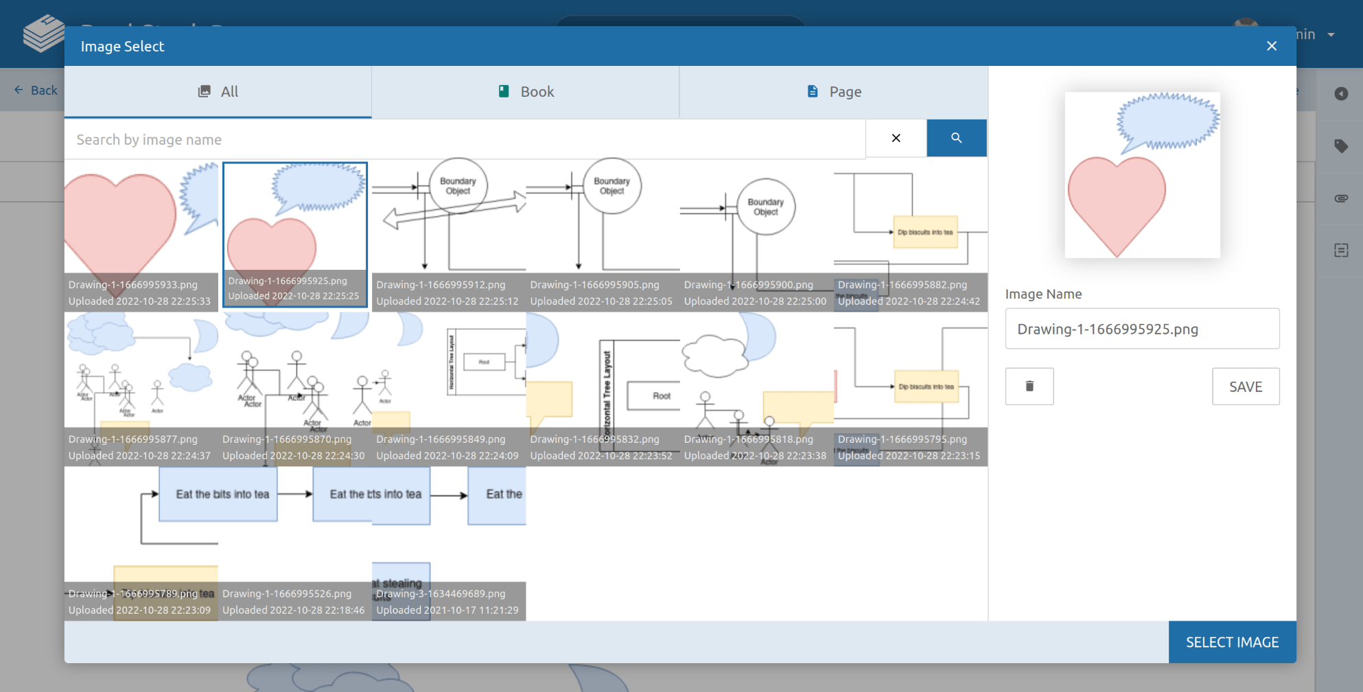 Drawing managed popup view showing a grid of drawing thumbnails