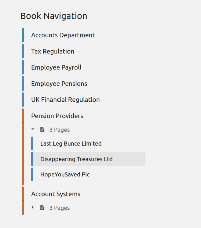 View of the book sidebar showing child chapters and pages