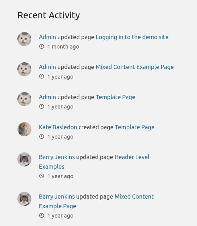 A list of user activity showing linked items names