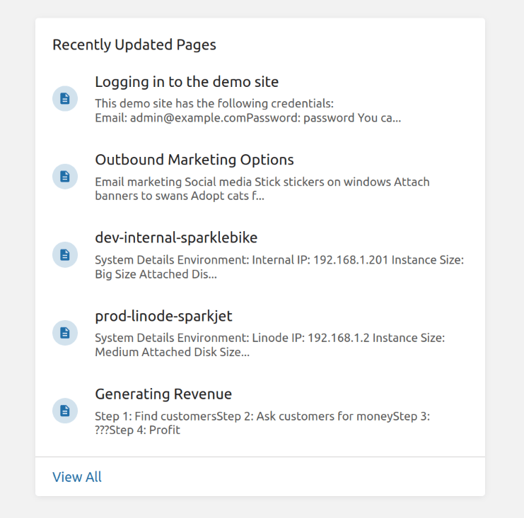 A card section with title &ldquo;Recently Updates Pages&rdquo; with a list of pages below