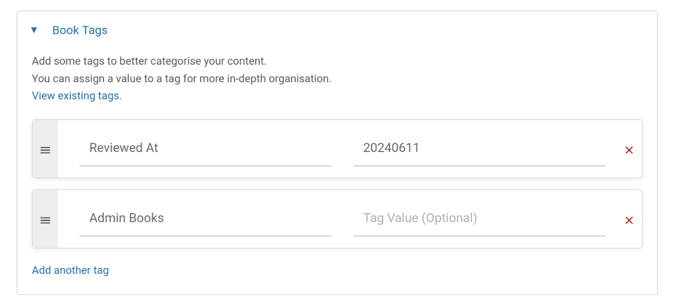 View of editing tags for a Book, showing two tags, each as small cards with two edit zones within for tag name and value