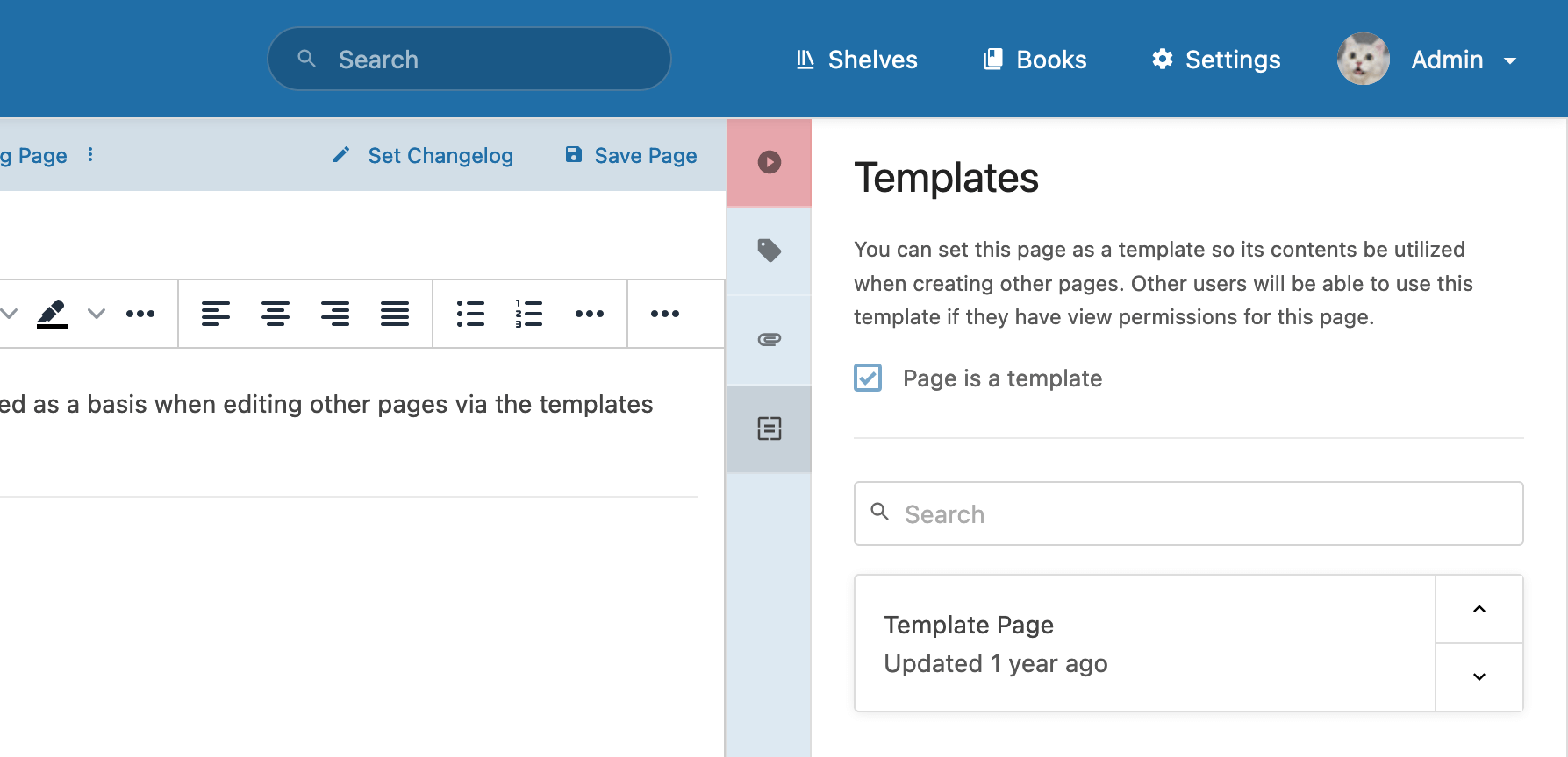 Page edit view showing the templates tab and mentioned checkbox